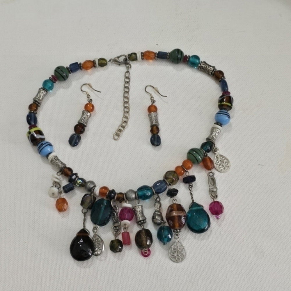 Treska Bohemian Multi Color Beaded Fringe Charm Necklace Earrings Jewelry Set